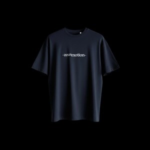 May include: Navy blue t-shirt with short sleeves. The text "-zeusmotion-" is printed in white across the chest. The shirt has a crew neck and a relaxed fit. The background is black.