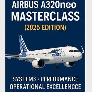 Può includere: Un aereo Airbus A320neo bianco con dettagli blu su sfondo blu scuro. L'immagine include il testo "AIRBUS A320neo MASTERCLASS (EDIZIONE 2025)" e "SISTEMI • PRESTAZIONI • ECCELLENZA OPERATIVA."