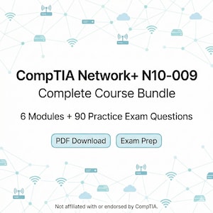 Op de afbeelding: Witte afbeelding met de tekst "CompTIA Network+ N10-009 Complete Course Bundle". De afbeelding bevat netwerkgerelateerde pictogrammen en de zinnen "PDF Download" en "Exam Prep".