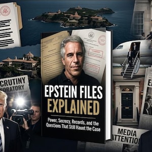 Puede incluir: Portada del libro "Epstein Files Explained" con el retrato de un hombre. El título está en letras doradas, con el subtítulo "Power, Secrecy, Records, and the Questions That Still Haunt the Case." El fondo incluye imágenes de documentos, edificios y personas.
