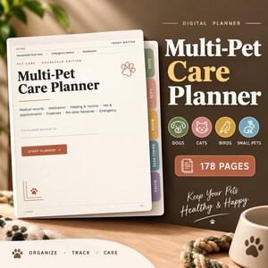 May include: A digital multi-pet care planner with a cream cover featuring the text Multi-Pet Care Planner, paw print icons, and sections for medical records, medication, and expenses. The planner includes colored tabs for dogs, cats, birds, and small pets.