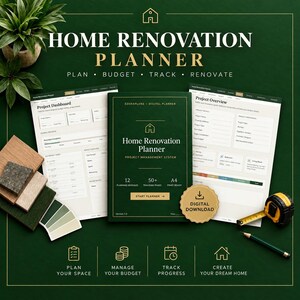 May include: A digital home renovation planner with a dark green cover featuring the text Home Renovation Planner Project Management System. Includes project dashboard and overview pages, a measuring tape, a pencil, and color swatches.