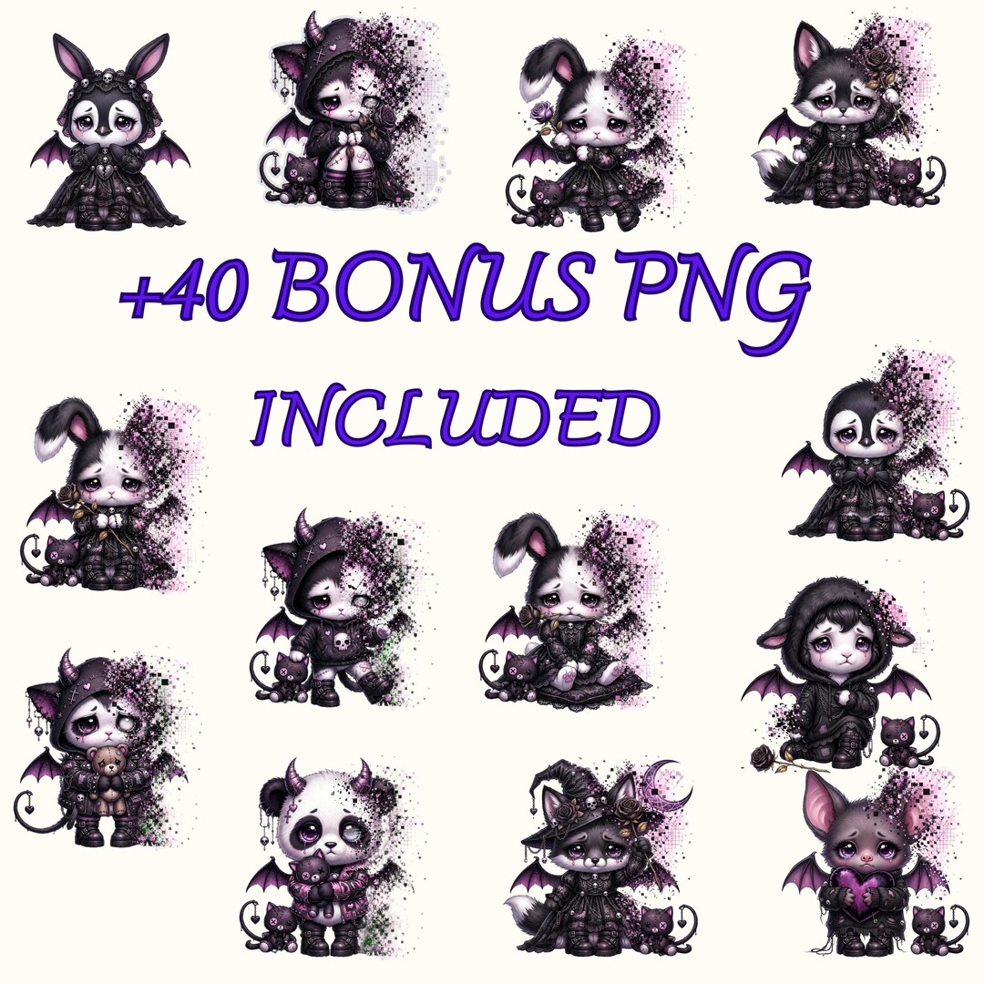 Dark Kawaii Goth Animals Clipart Bundle, Pastel Emo Bat Wings PNG ...