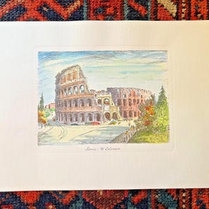 手描きのイタリア版画 – Roma Il Colosseo – Dipinto a Mano – 14x9.5 – イタリア