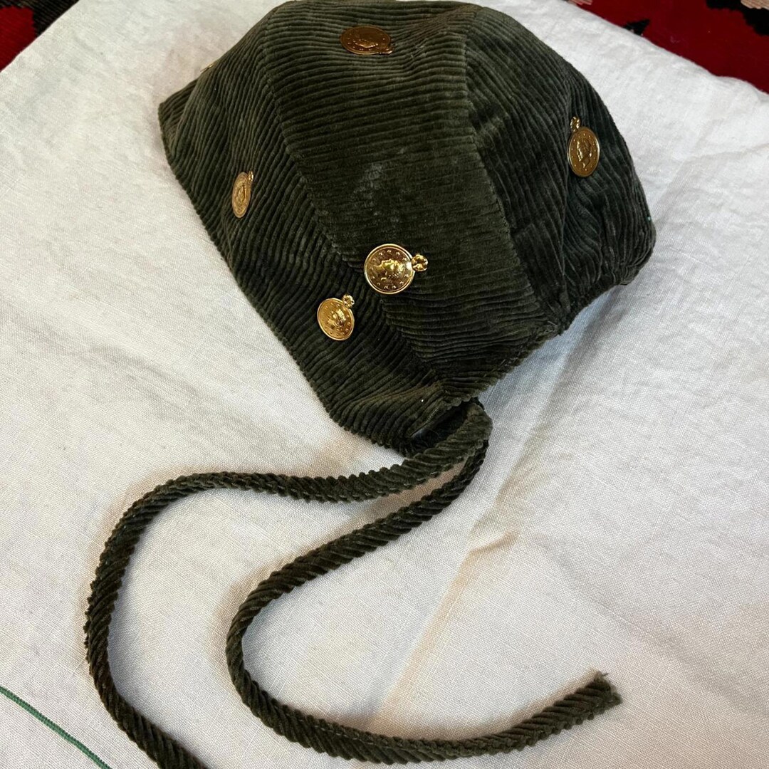 Vintage Baby Bonnet • Green Corduroy • Gold Buttons • Lined • Tie ...