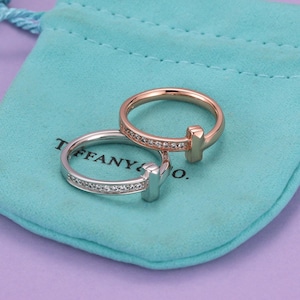 Bague Tiffany Ring simple T, bague en or rose avec pierres précieuses, meilleur cadeau, cadeau d'anniversaire