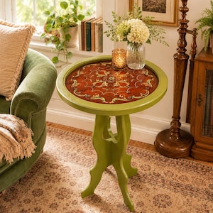 Vintage Florentine Gilded Glass Side Table | Olive Green Italianate Pedestal Accent Table