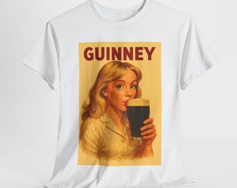 Camiseta vintage de chica bebiendo Guinness, estilo pub retro, unisex, de algodón.