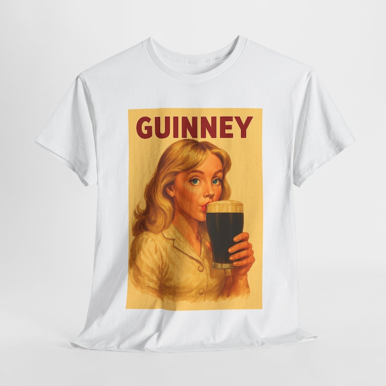 Vintage Girl Drinking Guinness T-Shirt, Retro Pub Style, Unisex Cotton Tee image 1