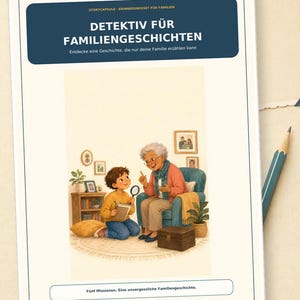 Può includere: Una carta rettangolare con il testo "STORYCAPSULE - ERINNERUNGSSET FÜR FAMILIEN", "DETEKTIV FÜR FAMILIENGESCHICHTEN", "Entdecke eine Geschichte, die nur deine Familie erzählen kann" e "Fünf Missionen. Eine unvergessliche Familiengeschichte."