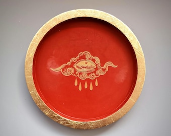Vassoio in resina ecologica color terracotta rossa - Piatto per polvere da fusione - Decorazione incisa al laser - Bordo in foglia d'oro - Piatto per altare stregonesco - Vassoio portagioie con occhio dorato