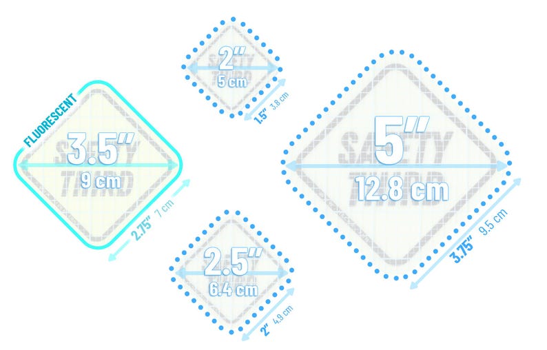 May include: Four diamond-shaped safety stickers with measurements in inches and centimeters. The stickers are white with a light blue border and text that reads "SAFETY THIRD". One sticker is labeled "FLUORESCENT".