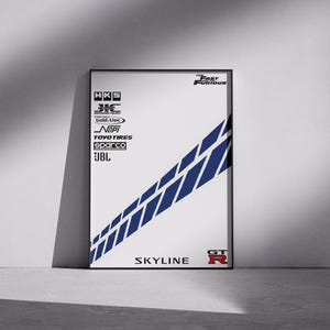 Puede incluir: Un póster enmarcado con fondo blanco con logotipos y texto. La esquina superior derecha tiene el texto "Fast & Furious". Un diseño de rayas diagonales azules está a la derecha. La parte inferior tiene el texto "SKYLINE" y "GT-R".