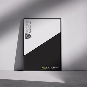 Puede incluir: Póster enmarcado con un diseño diagonal en blanco y negro. La mitad superior es blanca, la mitad inferior es negra. La esquina superior izquierda tiene el texto "9X8 TotalEnergies" y un logotipo. La esquina inferior derecha tiene el texto "PEUGEOT SPORT".