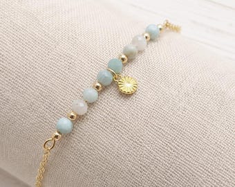 Larimar Armband Gold | Zierliches Edelstein Armband mit Sonnenanhänger| Echtes Larimar Schmuck Geschenk für Sie| Facettierte Larimar Perlen