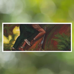 May include: A painting of a person in a green and brown outfit, climbing a tree with a rifle. The background is a dark green forest.