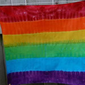 May include: A rainbow tie-dye fabric hanging on a clothesline. The fabric is dyed in shades of red, orange, yellow, green, blue, and purple.
