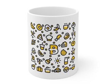 Mug blanche avec icônes inspirées de la cuisine et des voyages Planet Brunch