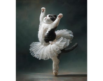 Custom Ballet Dancing Cat Art Print: Whimsical Oil Painting Style Cat Wall Decor