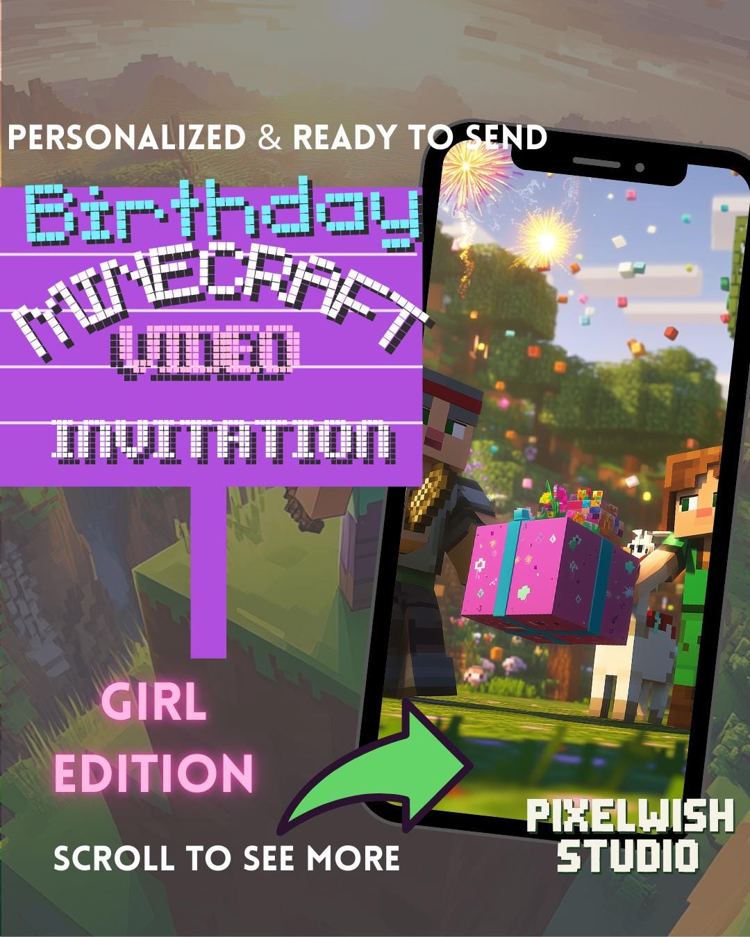 Girls Minecraft Birthday Invitation – Editable Video