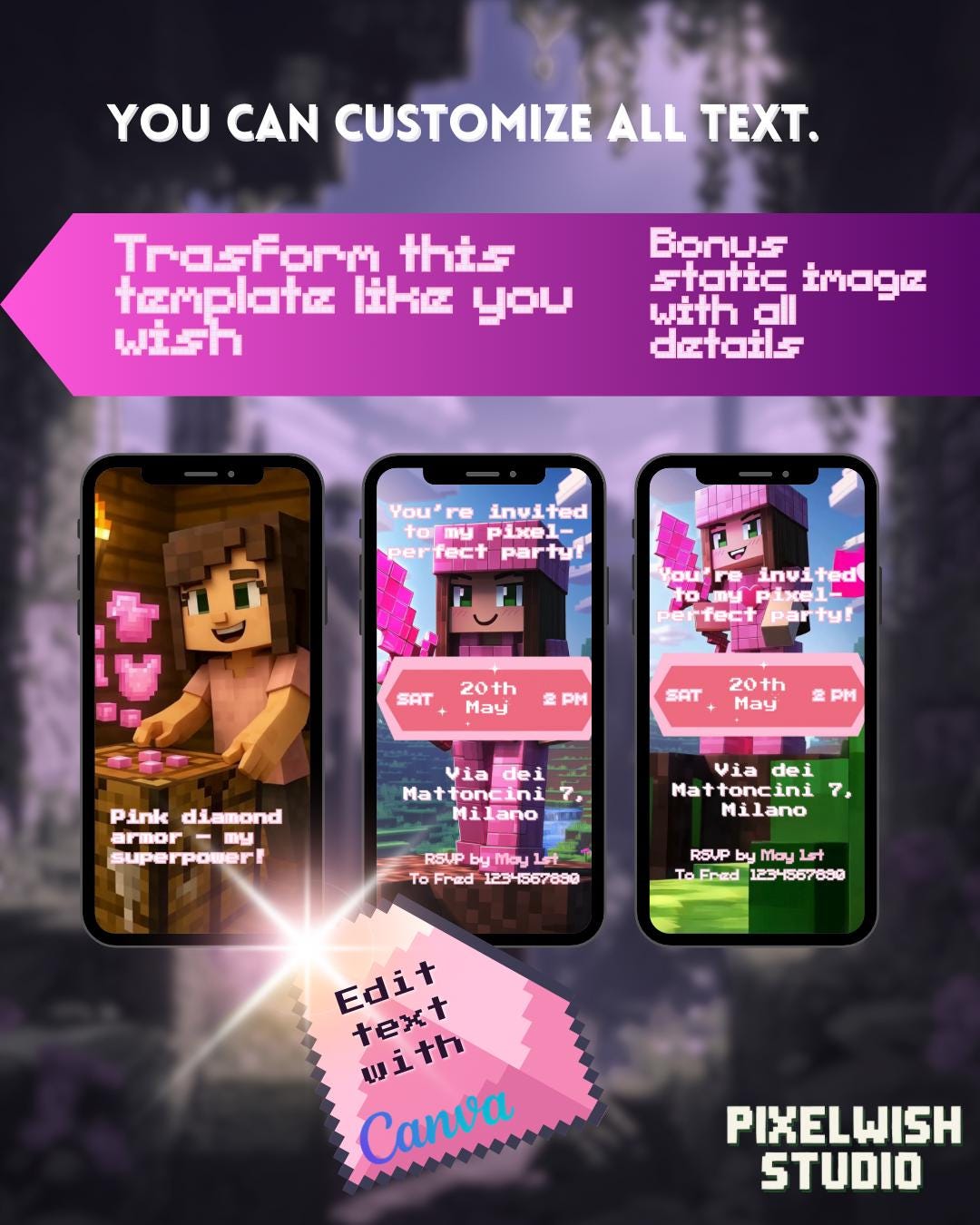 Pink Minecraft Girl Birthday Video Invitation
