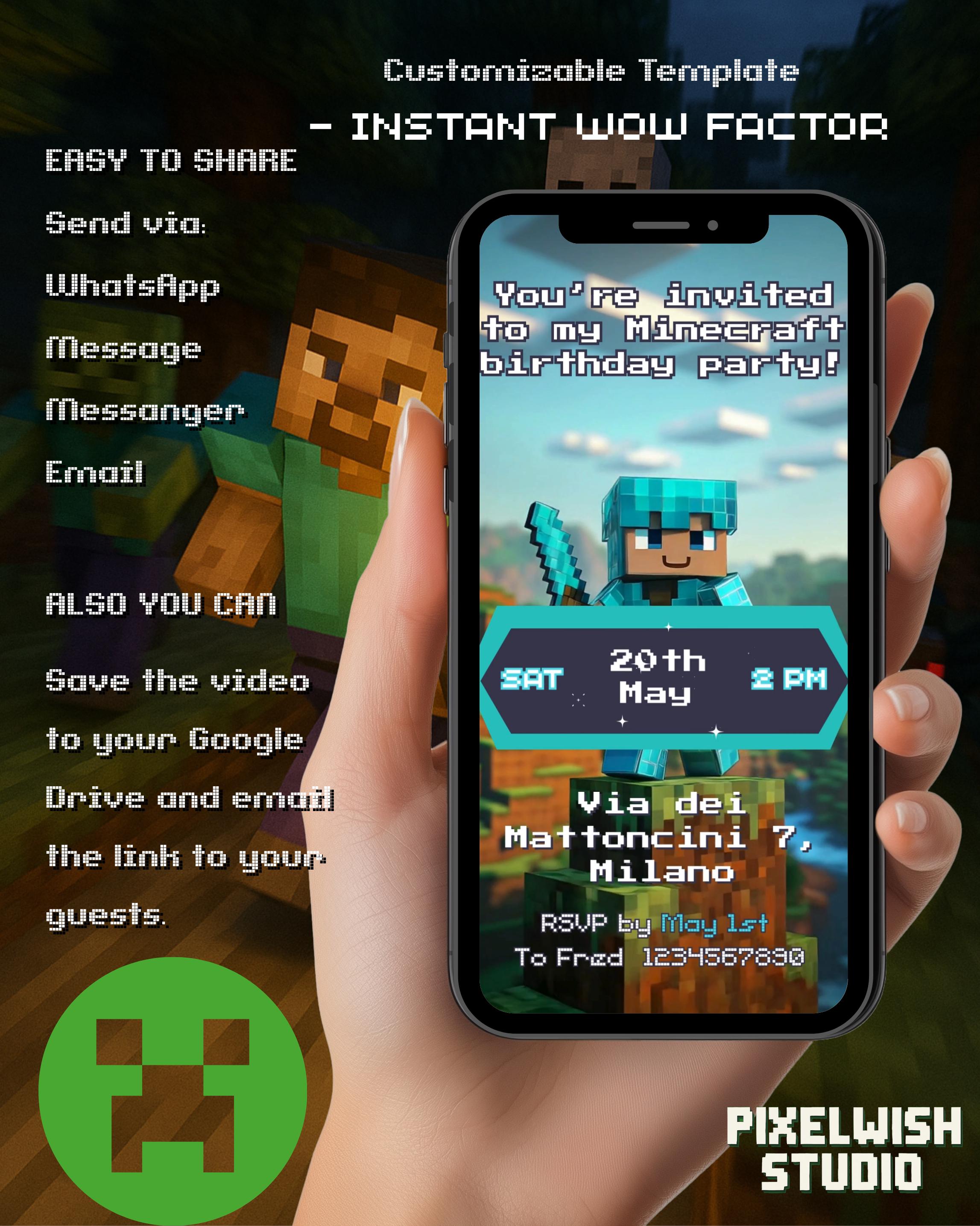 Minecraft Diamonds Cave Video Invite – Editable in Canva