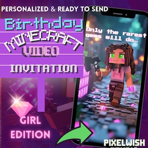 Invito video per il compleanno di una bambina in stile Minecraft con diamanti rosa - Testo modificabile - Invito di compleanno modificabile a tema Minecraft per bambina