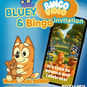 Bingo e Bluey brincando no quintal • Arte de desenho animado 3D divertida para festa de aniversário • Download digital - Arte digital com tema de festa infantil