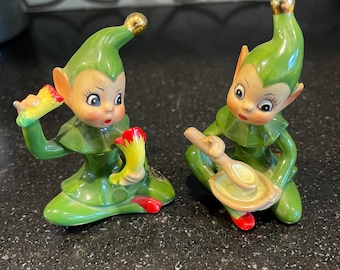 Pair Josef Originals Pixie Elf ceramic Figurines with Flowers Japan