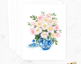 Floral Note Cards | Ginger Jar Bouquet Notecards | Watercolor Flowers Note Cards Set with Envelopes | Stationery, Stationary, Gift for Her