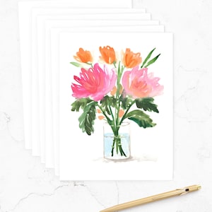 Pink Floral Note Cards | Watercolor Flowers Note Card Set, Floral Stationery, Stationary, Notecards, Gift for Her, Thank You Cards