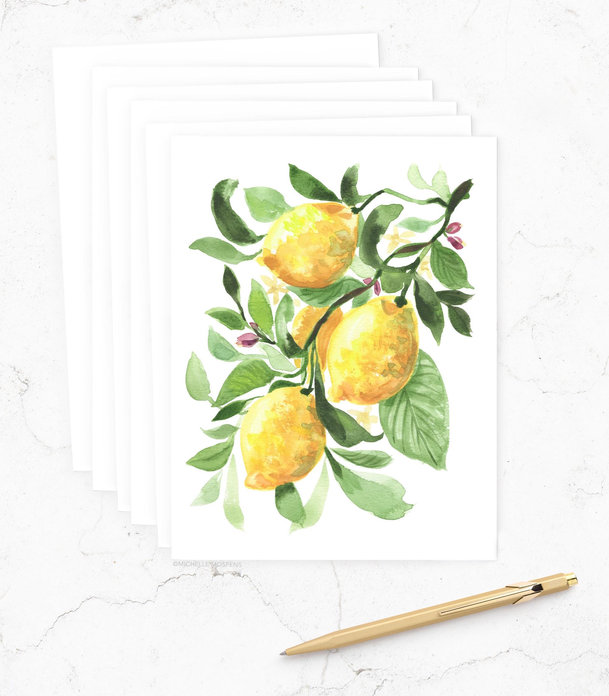 Set of Illustrated Lemon Fruit Note Cards: Cute Watercolor Lemons Stationery Notecards (Stationary) | Gifts For Mom, Sister, Lemon Lover