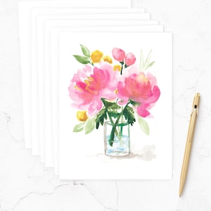Pink Floral Note Cards, Watercolor Peony Flowers Note Cards Set with Envelopes,Botanical Stationery, Stationary, Notecards, Thank You Cards