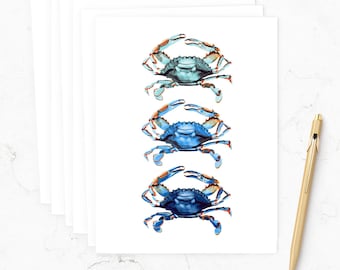 Set of Illustrated Blue Crabs Note Cards: Coastal Watercolor Crabs Stationery Notecards (Stationary), Nautical Thank You Cards, Crab Cards
