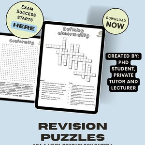 Acertijos de repaso del examen 1 de Psicología de AQA / Ayuda de estudio para el nivel avanzado / Preparación atractiva para el examen de Influencia social, Memoria, Apego y Psicopatología