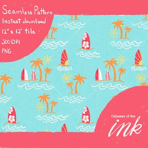 May include: A seamless pattern featuring a tropical beach scene with surfboards, palm trees, and suns on a light blue background. The design includes red surfboards with white flower accents, orange palm trees, and yellow suns. The pattern is a 12" x 12" tile.