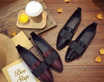 Ballerine da donna a punta: scarpe in pelle slip-on con fiocco in stile coreano