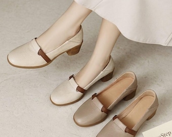 Mocassini retrò francesi da donna con tacco grosso e plateau, punta quadrata, scarpe da lavoro in morbida pelle