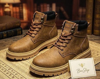 Stivali da combattimento da uomo in pelle marrone con lacci – Scarpe da lavoro a metà polpaccio