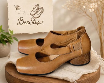 Genuine Leather Women Mary Jane Shoes Retro Square Toe Chunky Heel Work Casuals