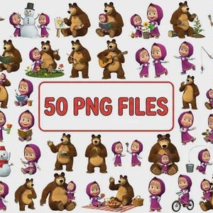 May include: A collection of 50 PNG files featuring cartoon illustrations of a bear and a girl in various poses. The bear is brown, and the girl wears a pink dress. The images include scenes with a snowman, fishing, and playing.