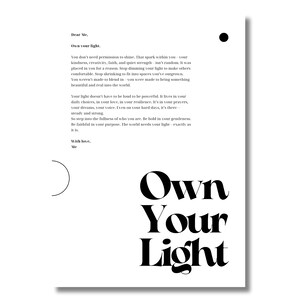 Own Your Light – Carta inspiradora A4 para si mesmo | Arte de parede digital minimalista | Citação motivacional para impressão