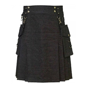 Men&#39;s Scottish Handmade Black Cotton Hybrid Kilt With Tartan Plate Custom Made Utility Kilt For Men Highlander Utility Kilt  Men- All Sizes-