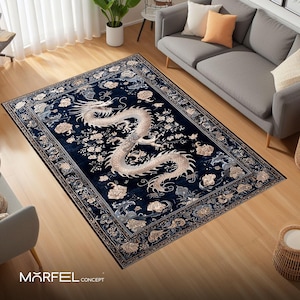 Alfombra de dragón oriental, alfombra de criatura mítica asiática, alfombra floral azul oscuro de estilo chino-japonés para sala de estar o estudio.