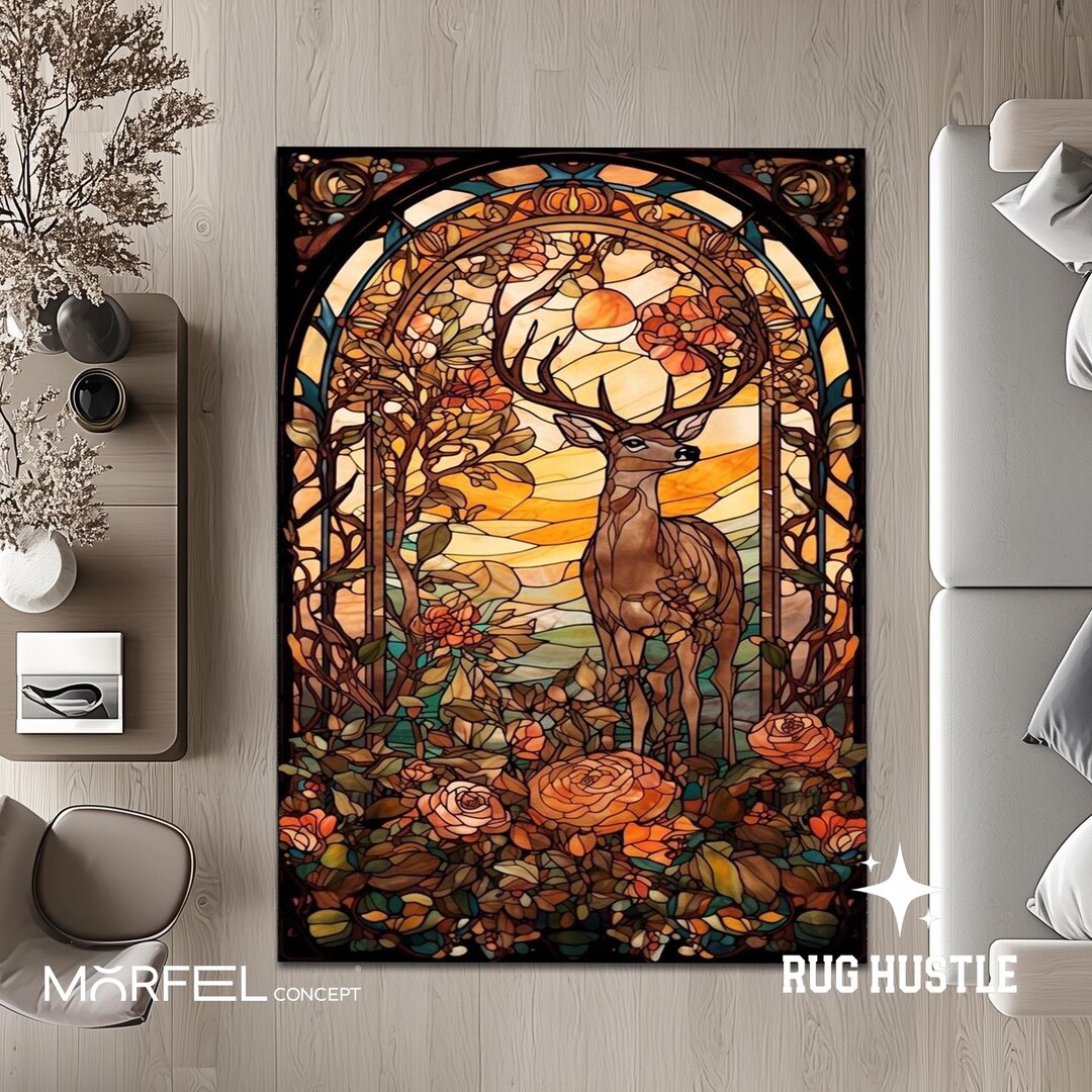Stained Glass Deer Rug, Art Nouveau Woodland Carpet, Nature Inspired ...
