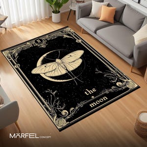 Alfombra de Tarot Lunar, Alfombra Mística de Polilla y Luna, Alfombra Negra Boho de Brujería para una Habitación Espiritual o Decoración Gótica