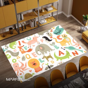 Alfombra con alfabeto de animales pastel, alfombra de aprendizaje ABC para niños, alfombra suave para sala de juegos con letras lindas y personajes de animales del zoológico, regalo para niños
