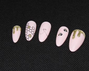 Handmade Honey Bee Press On Nails: Gold Glitter Bumblebee Design