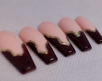Hand Painted Burgundy French Tip Press On Nails with Gold Detail