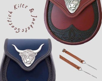 Handmade Leather Highland Cow Sporran | Celtic Kilt Pouch